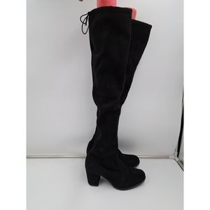NWOT B Black Faux Suede Thigh High Low Heel Inside Zip Back Tie Boots 39 8-8.5